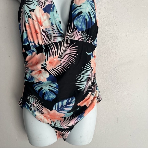DKNY Ladies Halter Shirred Tropical Black Coral One Piece Swimsuit XL - Picture 6 of 16
